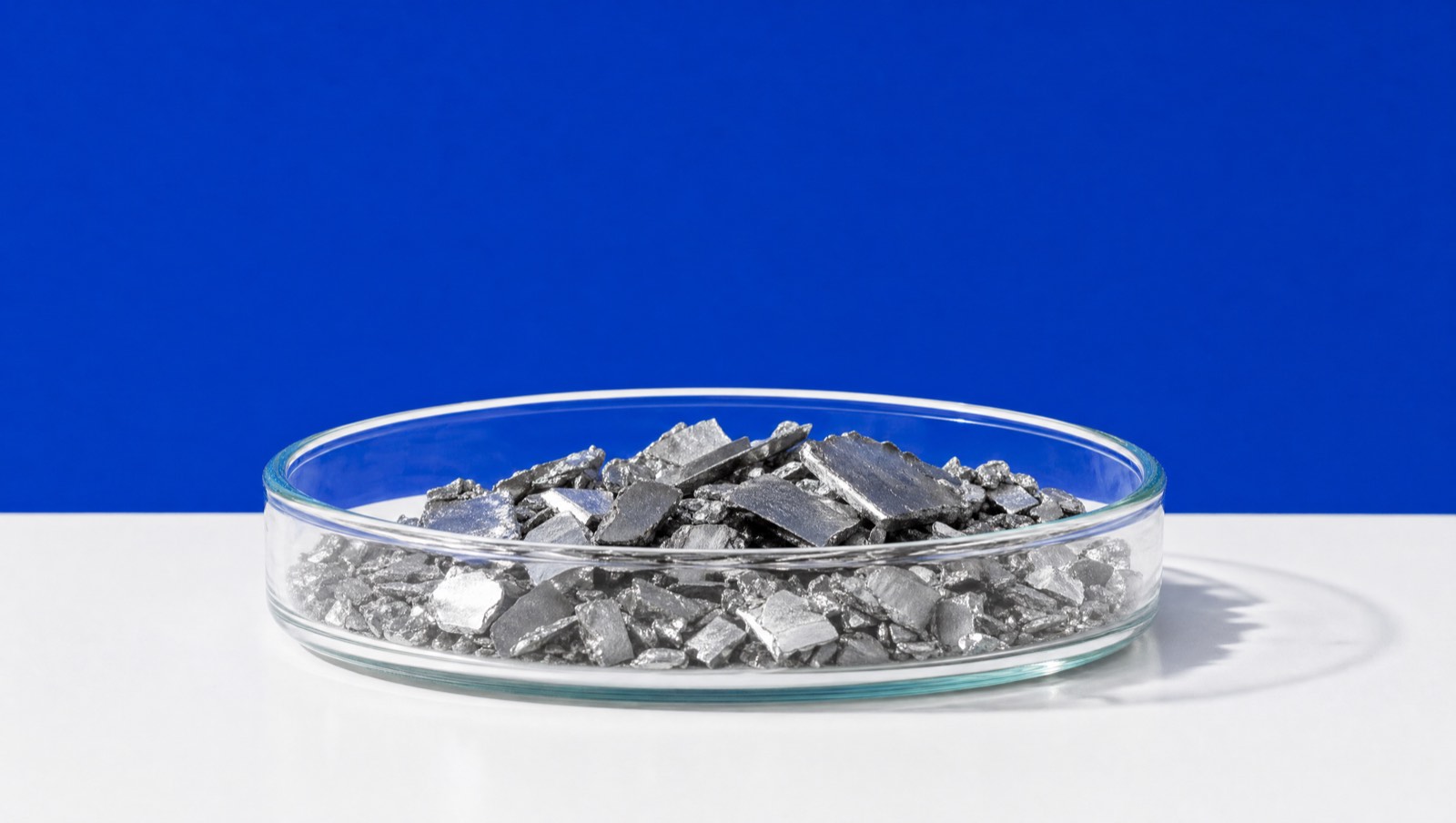 Metal fragments in a glass dish on chalk against cobalt