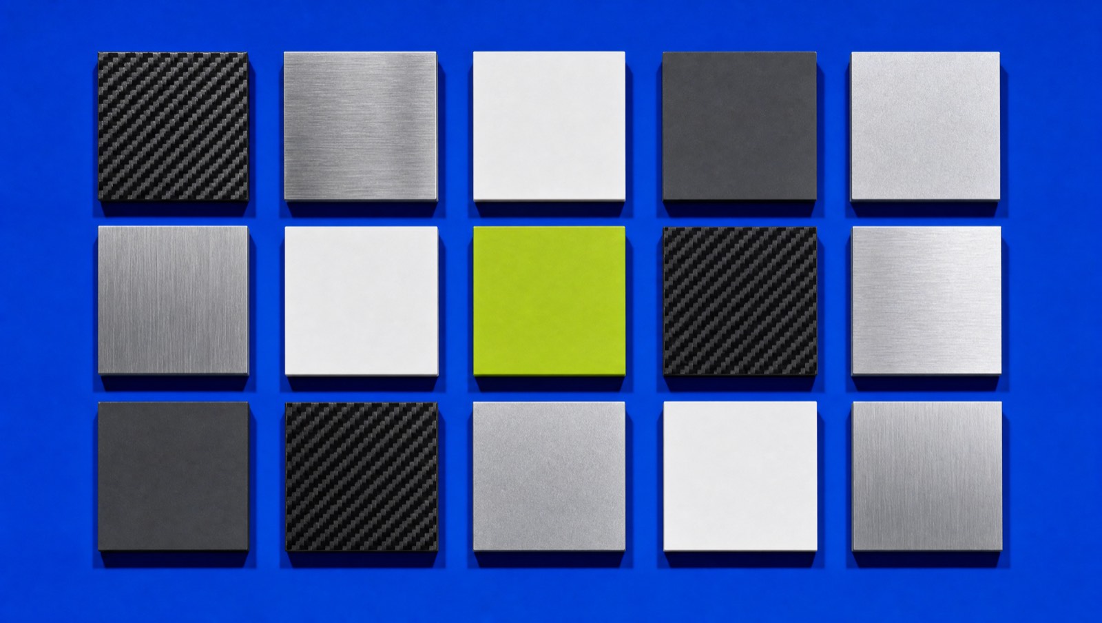A specimen grid on cobalt, one sample chartreuse